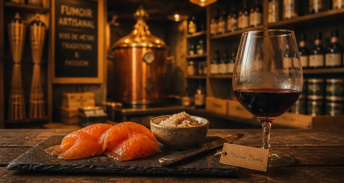 Maison Bardé, table gourmande au Gers : saumon fumé, rillettes, vin rouge