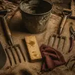 Outils de jardinage : bêche, grelinette, sécateur et serfouette, vue à plat