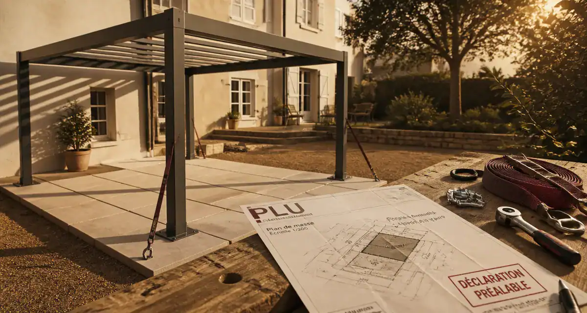 Pergola démontable sans autorisation, aluminium sur dalles, modèle prêt pour déclaration préalable