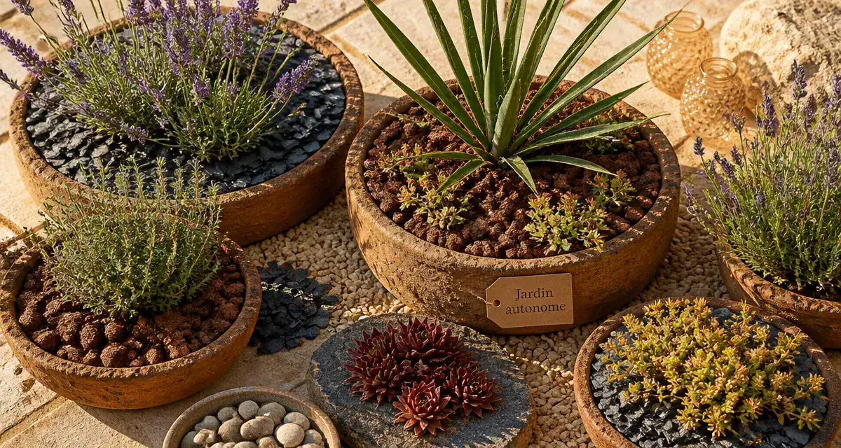 Plantes plein soleil sans arrosage : jardin sec en pots avec lavande, thym et sedums