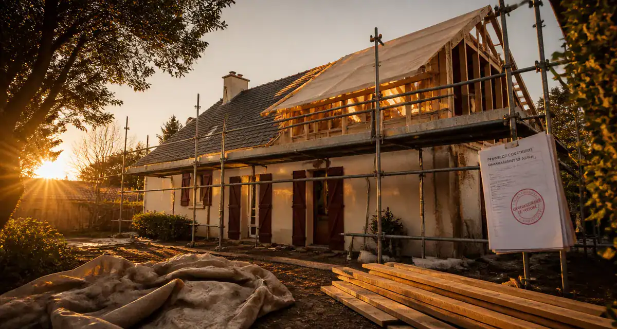 Rehausser toiture : façade surélevée et échafaudages en chantier