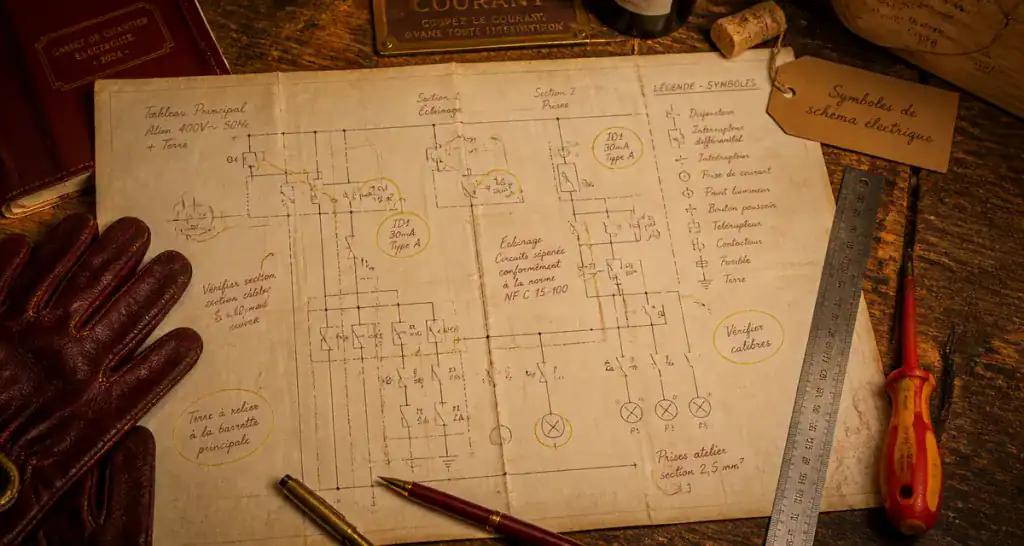 Symbole schéma électrique sur plan annoté