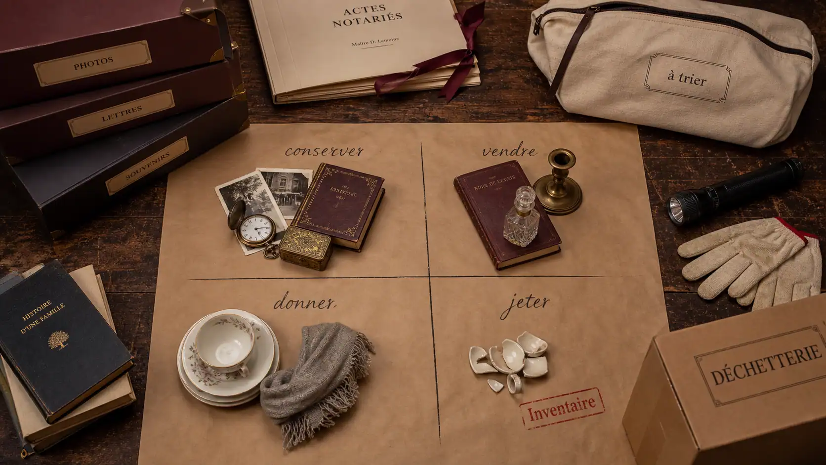 Vider maison : tri des objets et inventaire sur table