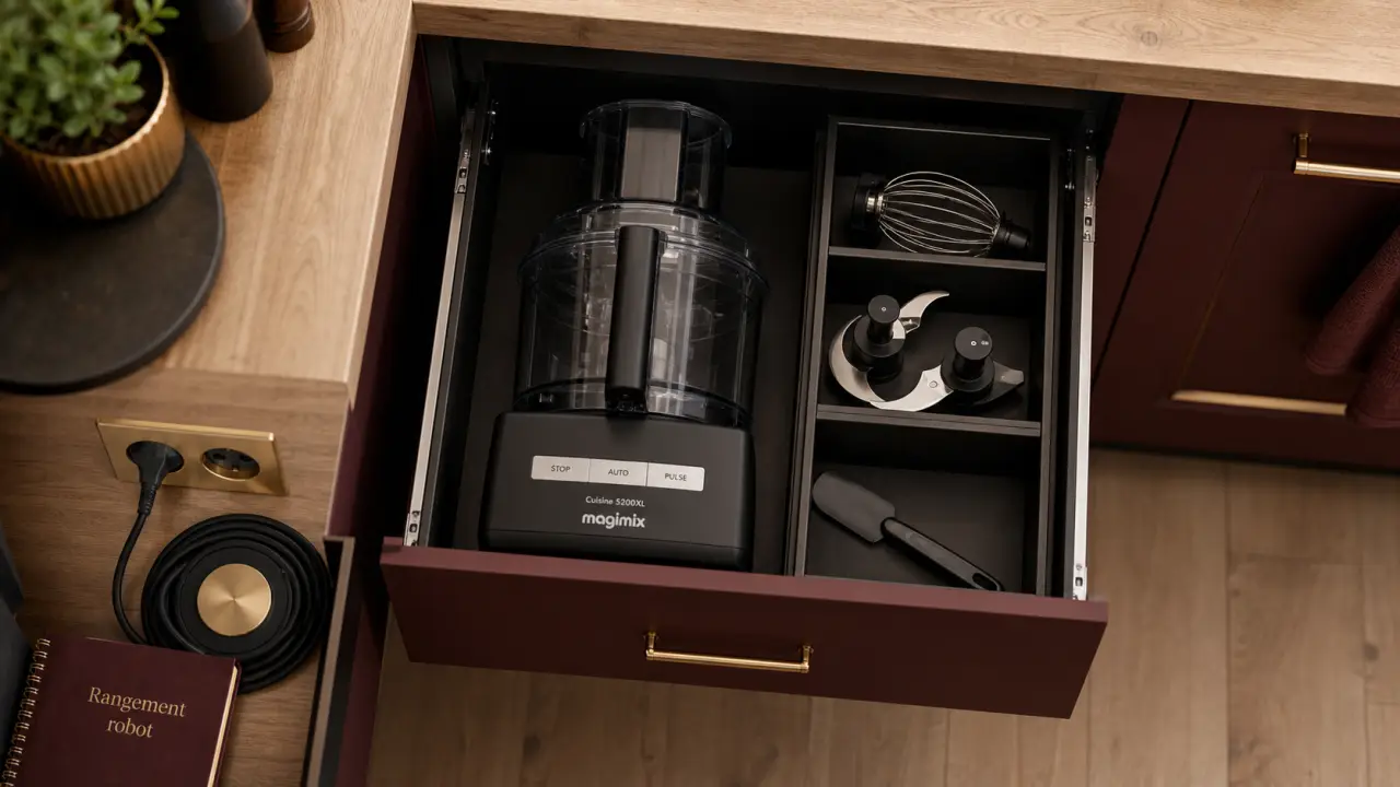 Astuce rangement robot cuisine : robot et accessoires sur plan de travail
