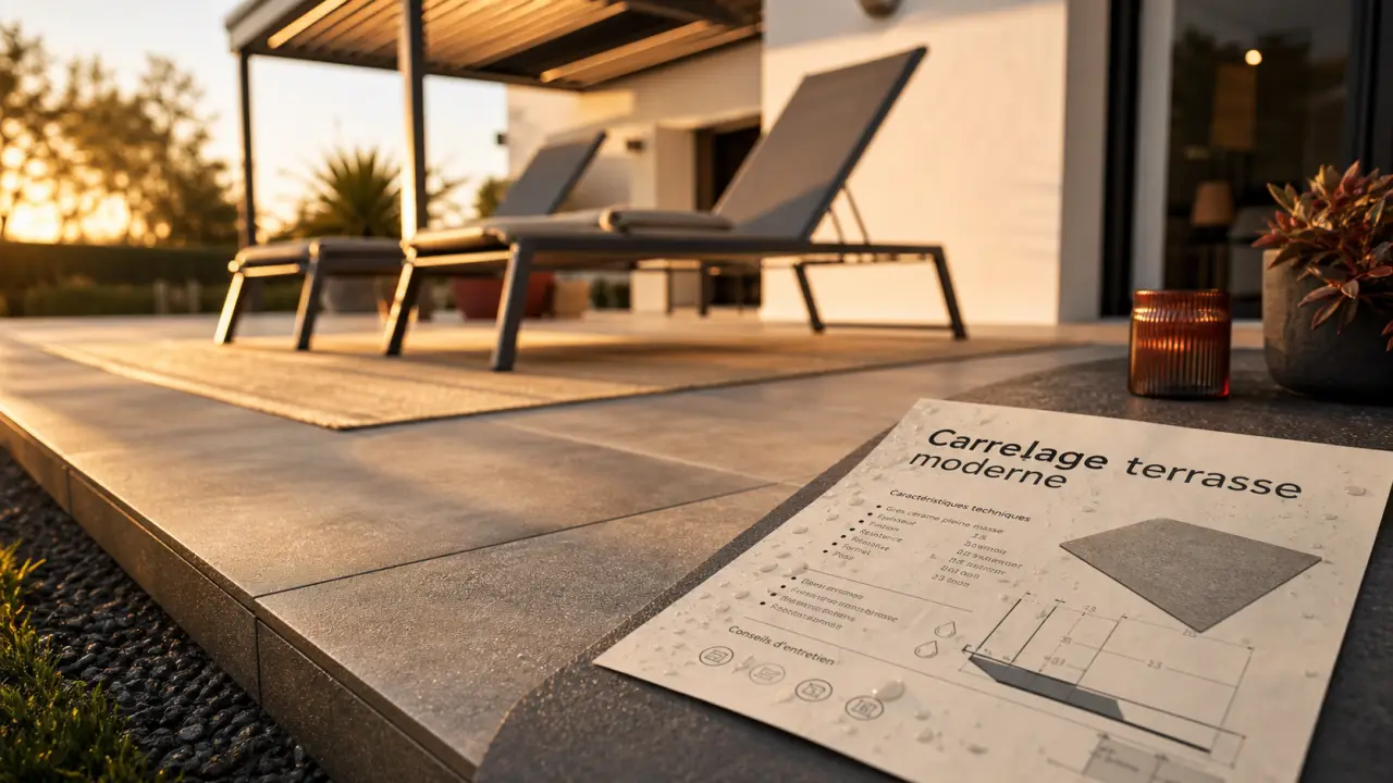 Carrelage terrasse moderne effet béton mat sur plots