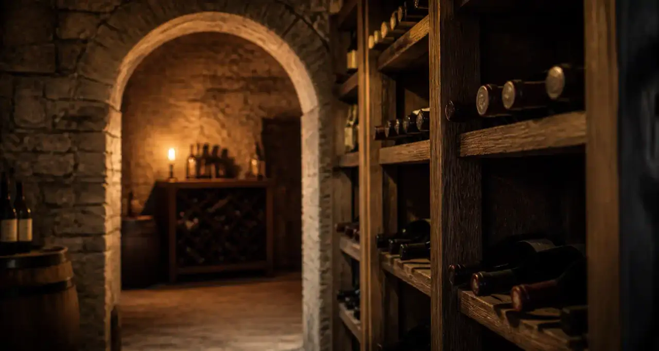 Cave à vin voûtée en pierre avec bouteilles couchées et lumière chaude tamisée