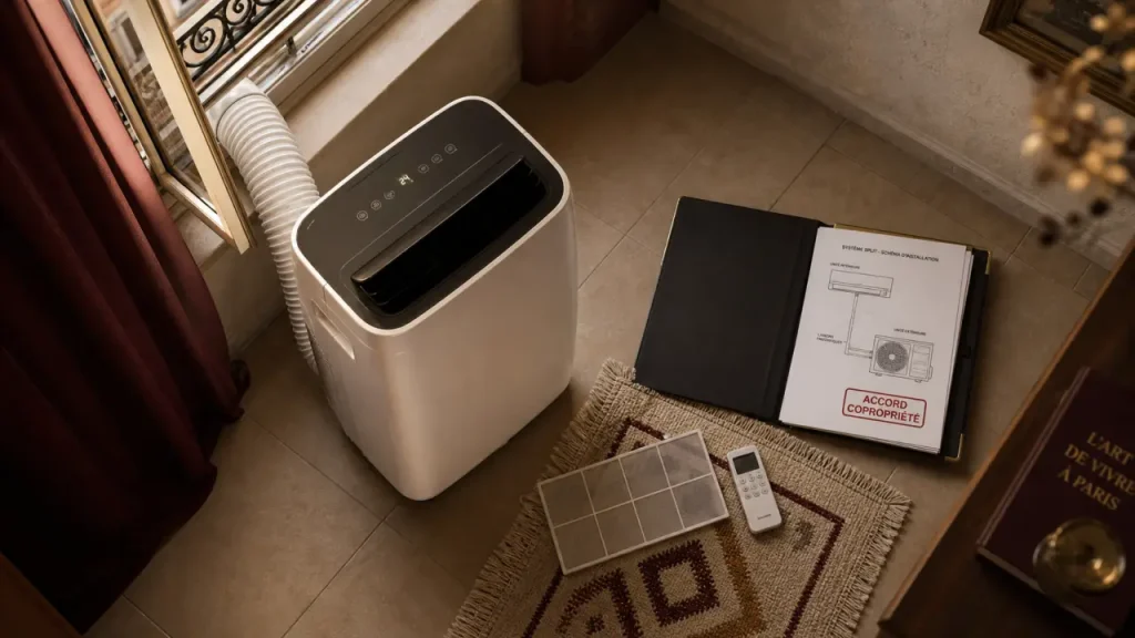 Comment climatiser un appartement : climatiseur mobile près fenêtre