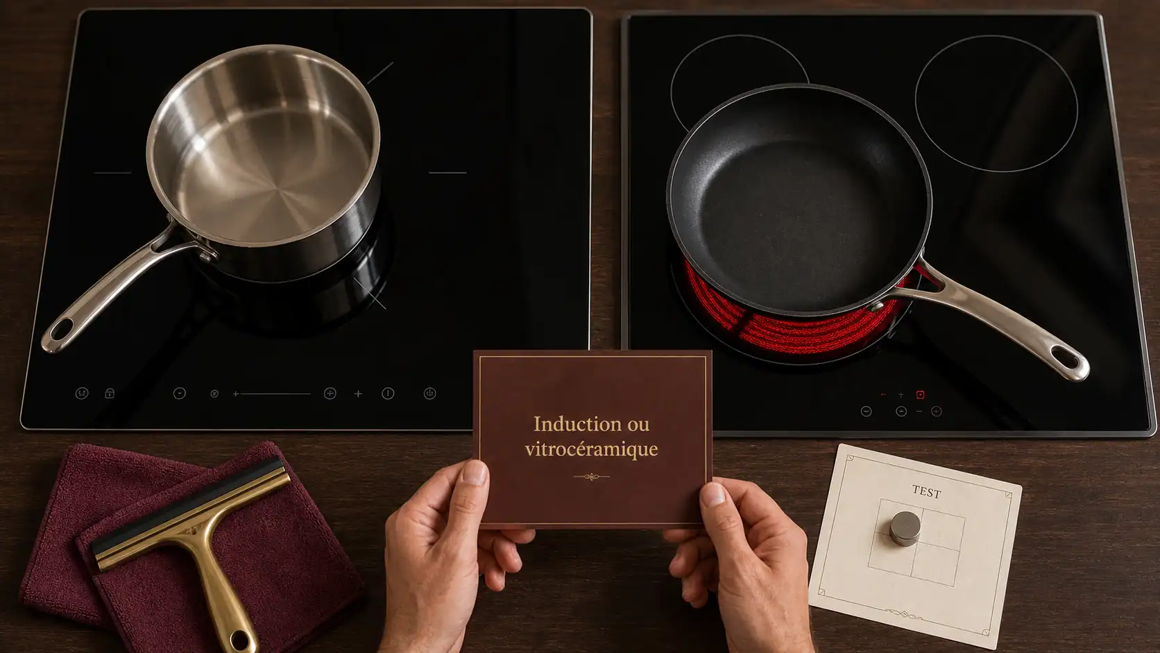 Difference entre induction et vitrocéramique : induction avec casserole ferromagnétique, vitrocéramique radiant visible