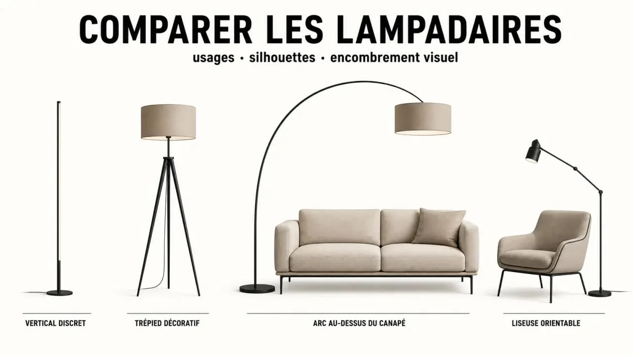 Lampe de salon sur pied : comparaison visuelle de quatre styles de lampadaires dans un salon