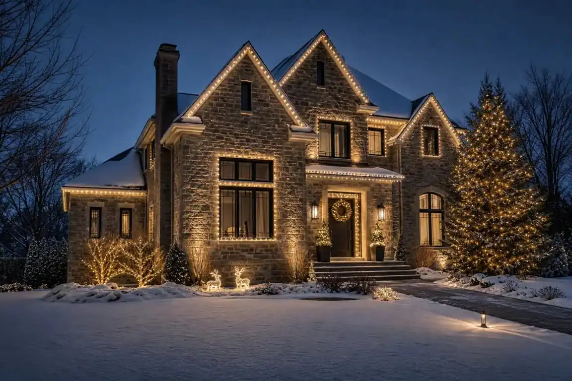 Décoration noel exterieur d'une maison avec guirlandes LED et couronne lumineuse