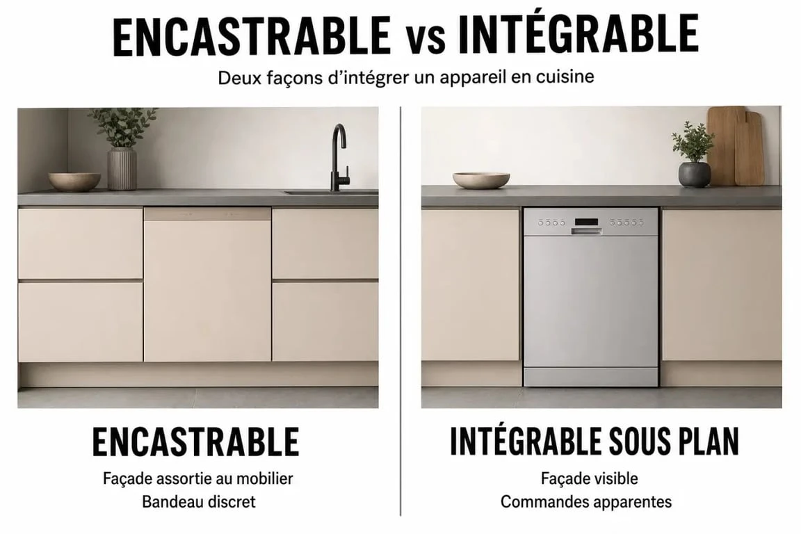 Différence entre encastrable et intégrable : comparaison visuelle dans une cuisine équipée