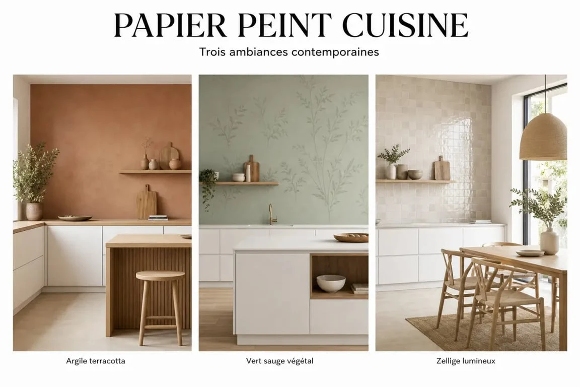 Tendance papier peint cuisine dans une cuisine contemporaine avec terracotta, vert sauge et effet zellige
