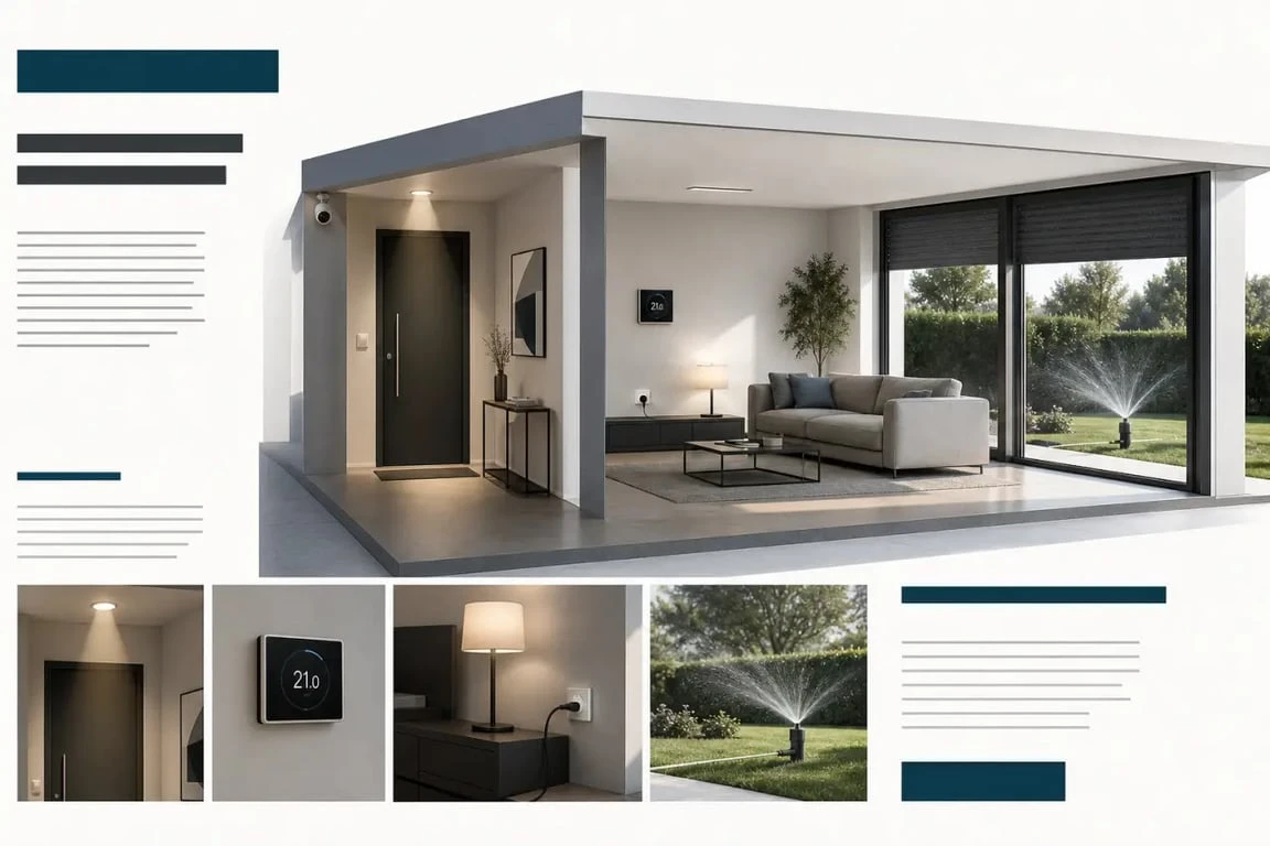 Domotique exemple : maison connectée avec éclairage automatique, thermostat, volets motorisés et sécurité