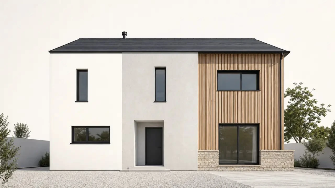 Solutions rénover ou embellir façade : comparaison visuelle d’une maison avec peinture, enduit, bardage bois et pierre de parement