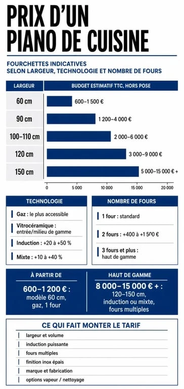 Infographie sur le prix piano cuisine avec fourchettes de budget et critères de comparaison