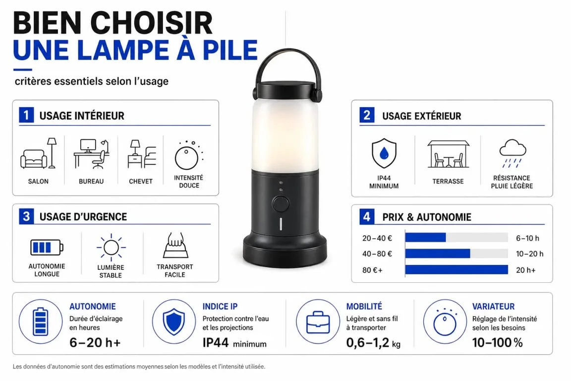 Infographie éditoriale sur la lampe à pile avec critères de choix, usages et repères de prix
