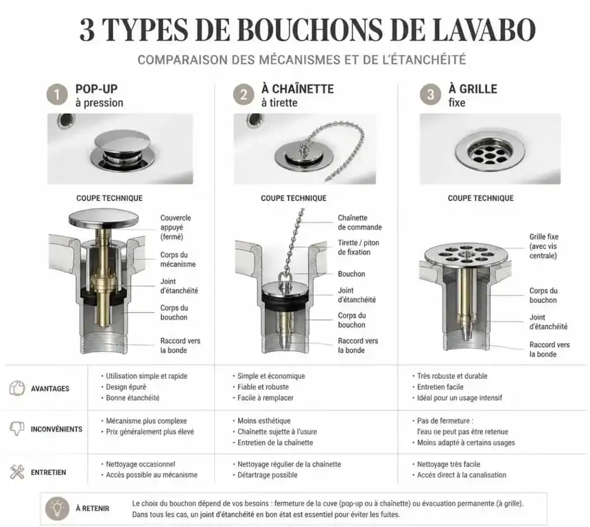 Comparatif des différents types de bouchons de lavabo : pop-up, chaînette et grille