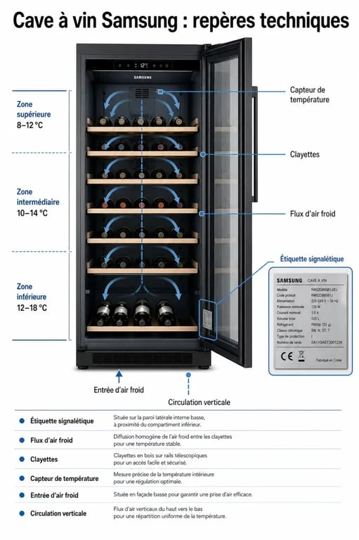Schéma technique d'une cave à vin Samsung illustrant l'emplacement de l'étiquette modèle et la circulation d'air optimale.