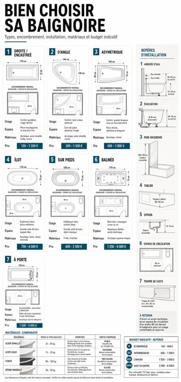 Infographie comparant les types de baignoire de salle de bain, leurs usages, l’espace nécessaire et les matériaux
