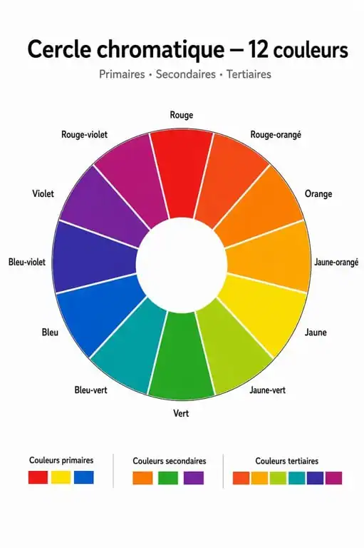 Infographie du cercle chromatique illustrant les 12 couleurs principales pour la théorie des couleurs