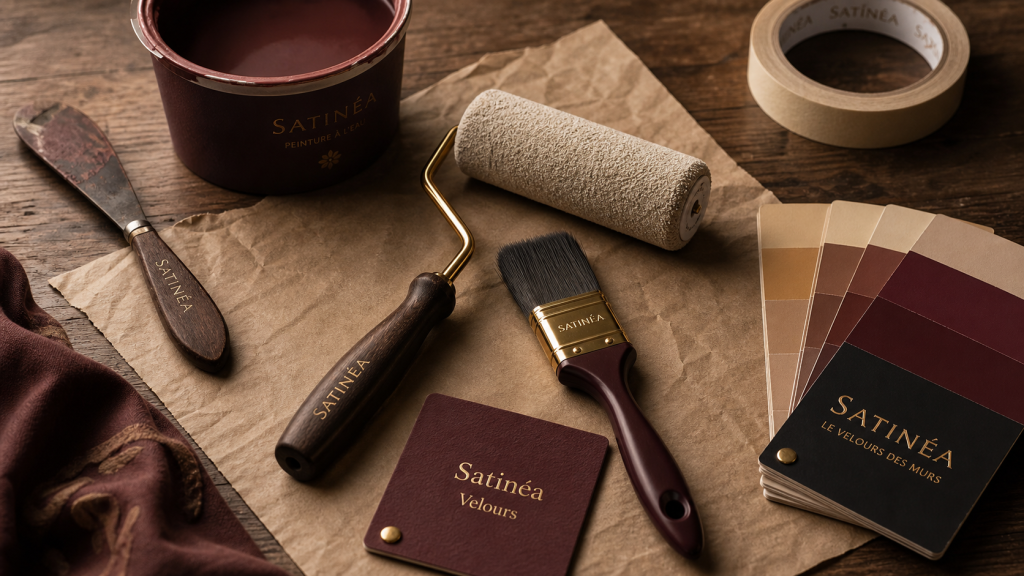 Guittet satinea velours : rouleau et brosse velours sur table bois