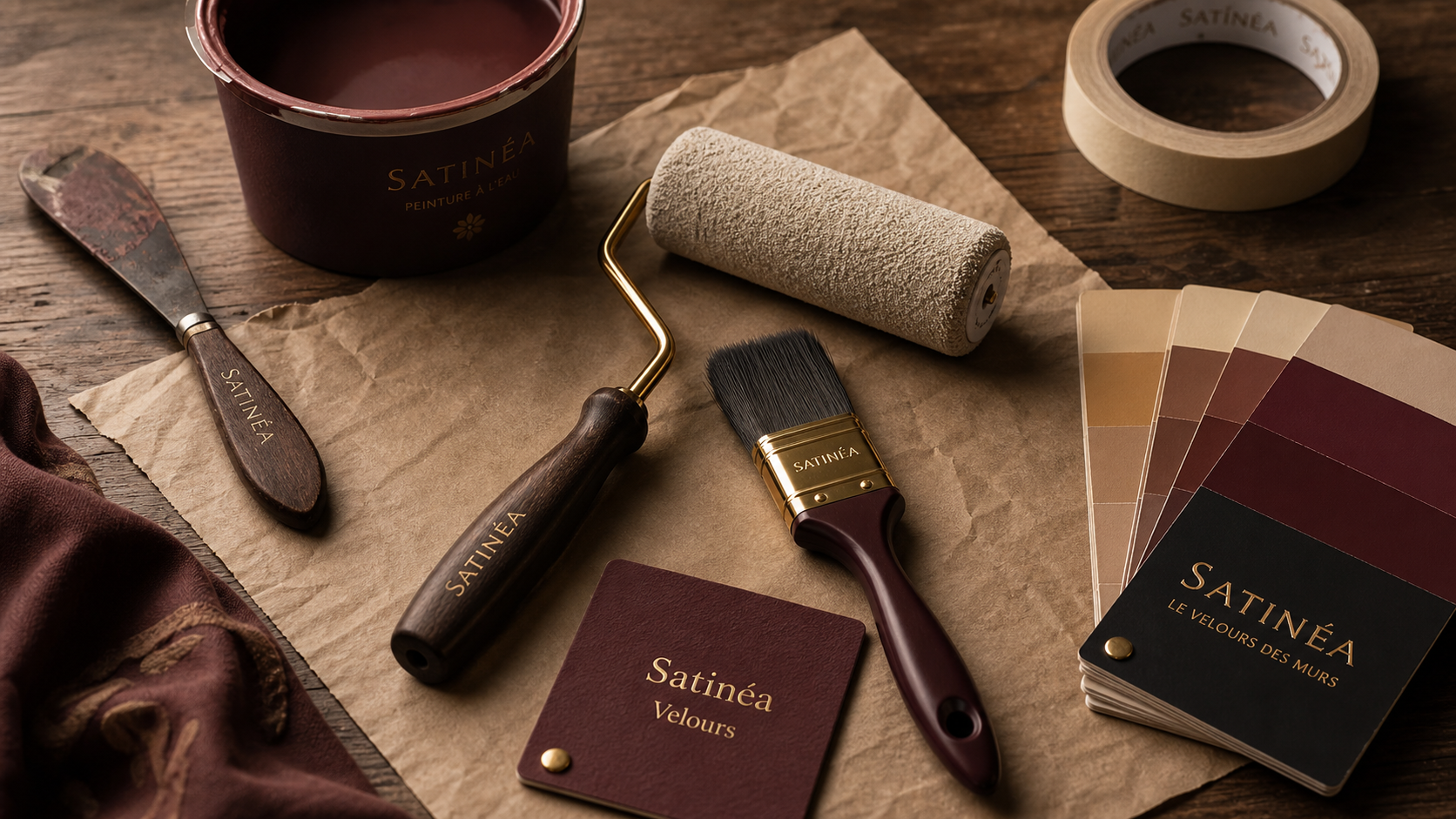 Guittet satinea velours : rouleau et brosse velours sur table bois