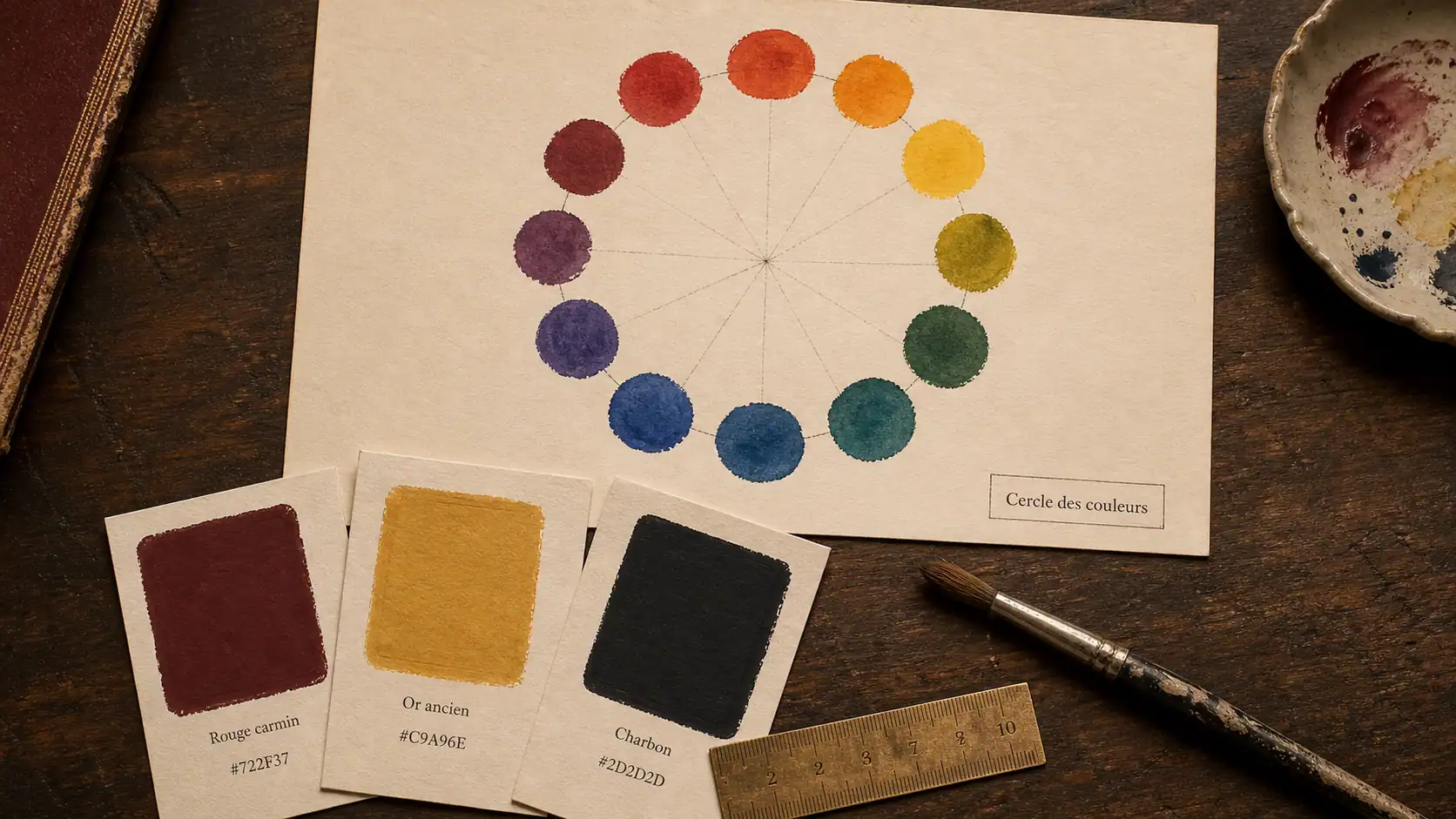 Les 12 couleurs principales du cercle chromatique, échantillons de peinture