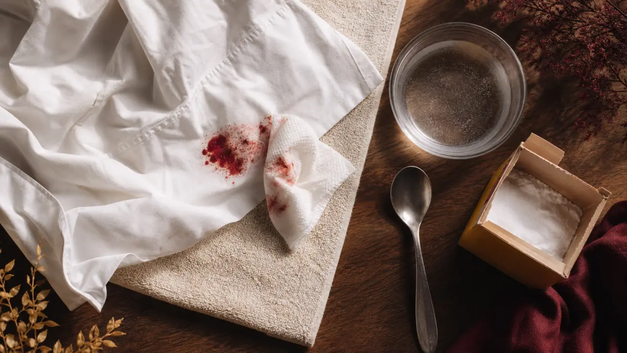 Tache de sang sur drap : eau froide, bicarbonate et eau oxygénée