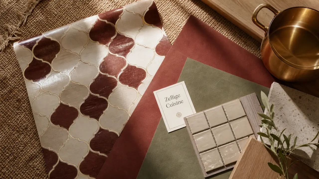 Tendance papier peint cuisine : vinyle effet zellige en tons terreux