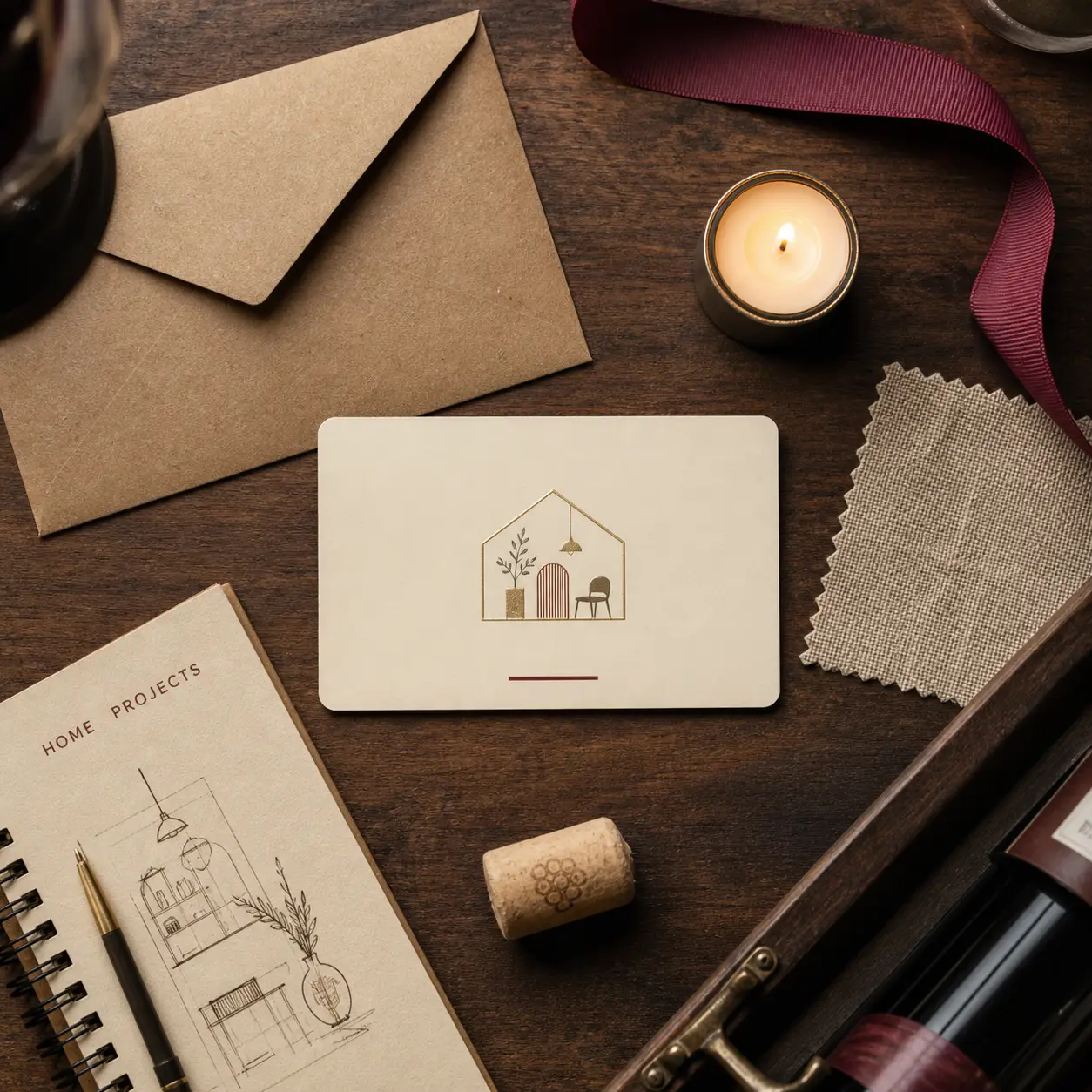 carte cadeau décoration maison sur table bois avec enveloppe kraft, ruban et bougie