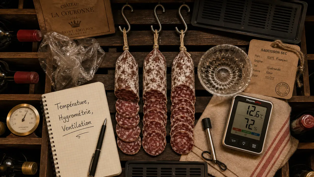 Thermo-hygromètre et ventilation dans une cave à vin ventilé pour charcuterie