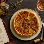 Cuisine et vin de france recettes : tarte tomate moutarde et vin rosé sur table en bois