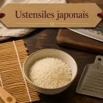 Cuisine japonaise ustensiles : makisu, spatule à riz et râpe oroshi