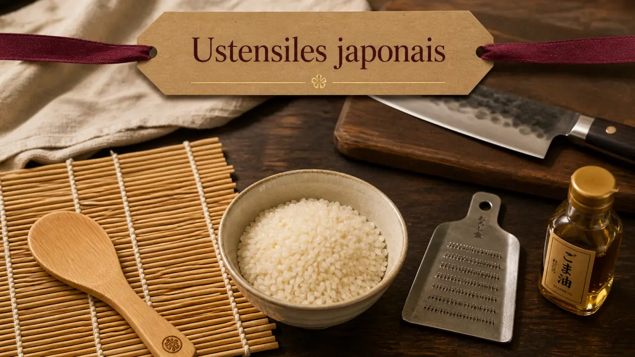 Cuisine japonaise ustensiles : makisu, spatule à riz et râpe oroshi