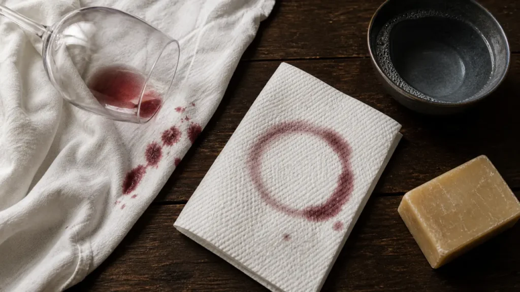 Détacher du vin rouge sans fixer la tache : eau froide, savon et erreurs à éviter