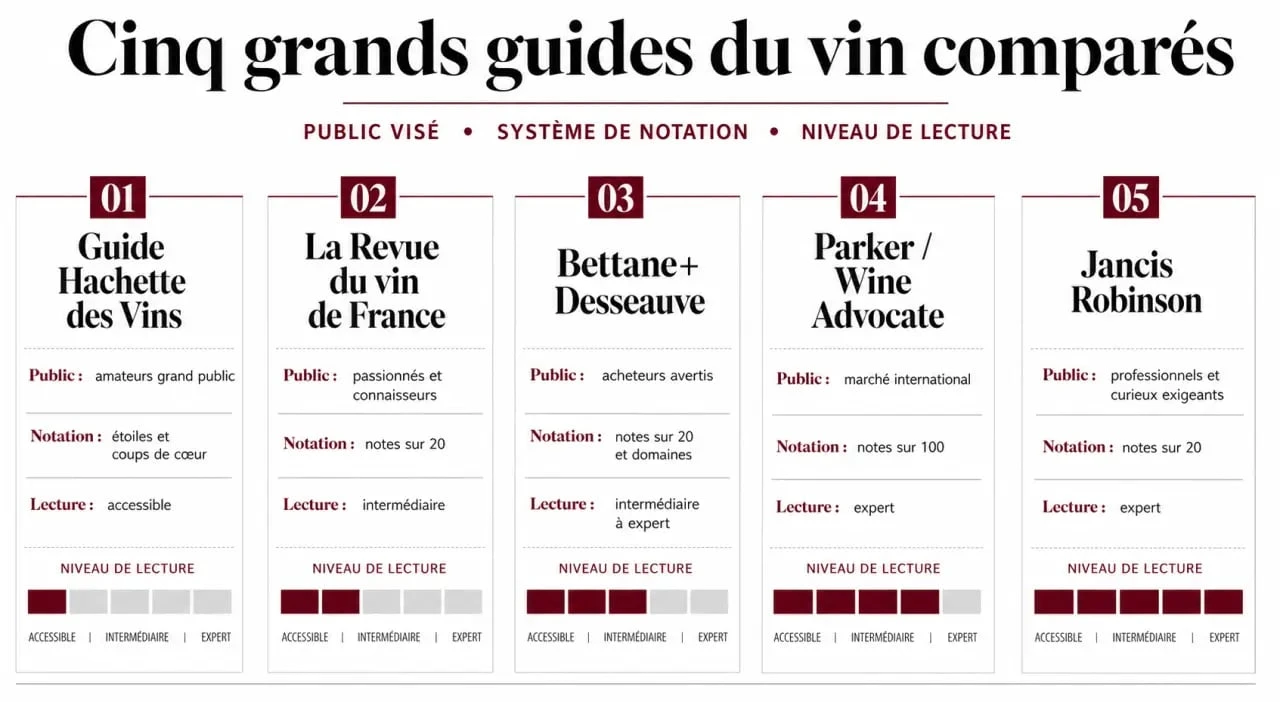Guide vin : comparaison visuelle des grands guides Hachette, RVF, Bettane & Desseauve, Parker et Gault & Millau