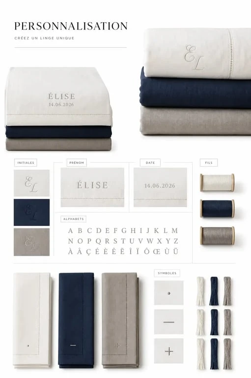Options de linge de maison personnalisé avec fils, polices et symboles de broderie