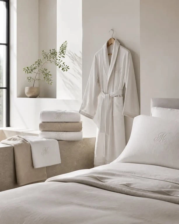 Linge de maison personnalisé avec serviettes brodées, peignoir et taie d’oreiller dans un intérieur élégant