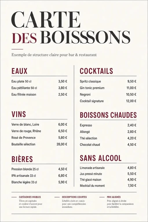 Cartes boissons : exemple de mise en page éditoriale d’une carte de bar et restaurant avec catégories et prix lisibles