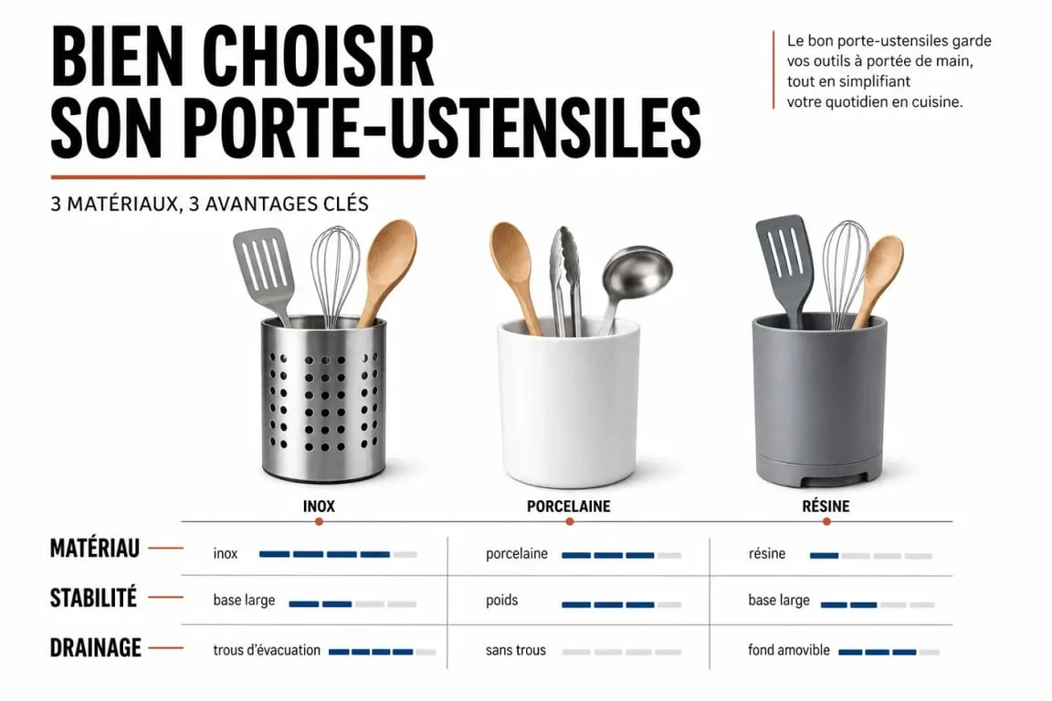 Comparatif visuel d’un porte ustensiles cuisine selon le matériau, la stabilité et le drainage