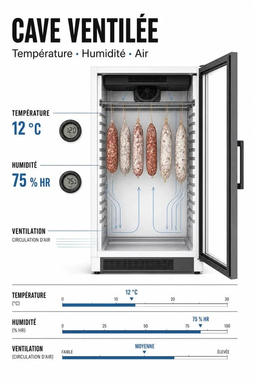 Cave à vin ventilé pour charcuterie : schéma éditorial des réglages température, humidité et ventilation