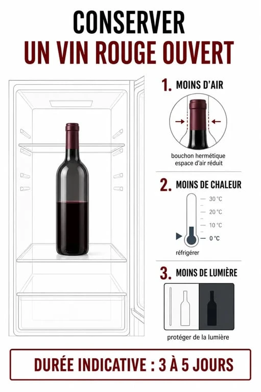 Conservation vin rouge ouvert : bouteille rebouchée au réfrigérateur avec repères sur l’oxydation et la durée