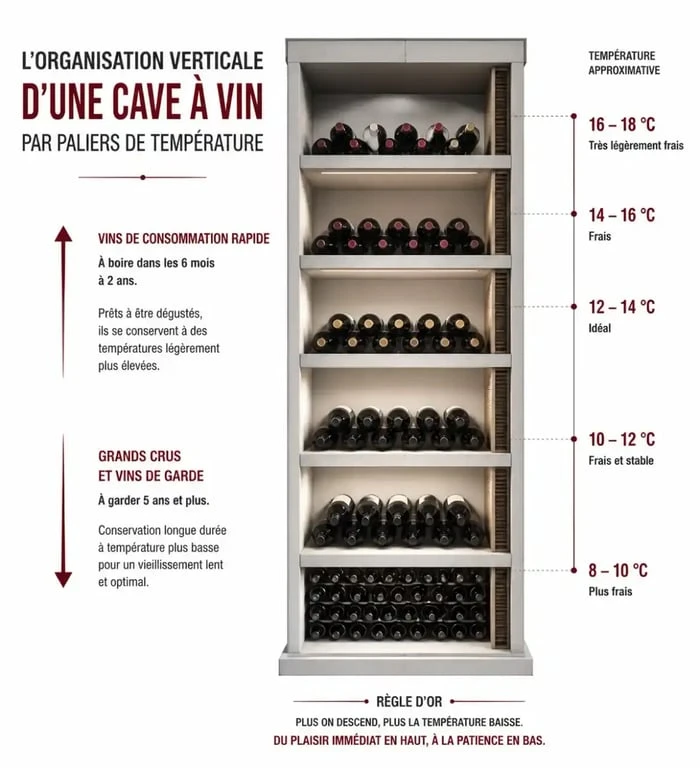 Organisation verticale des clayettes dans une cave à vin