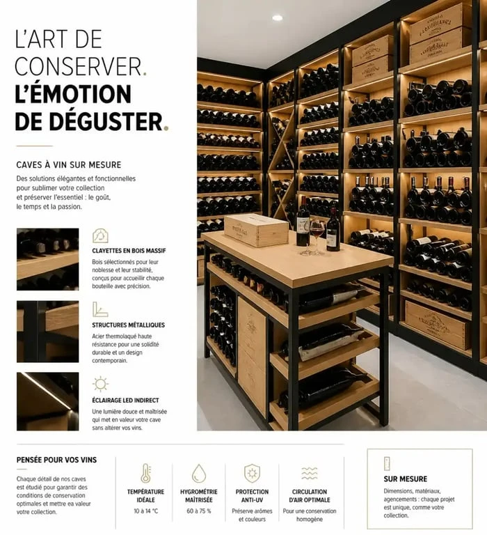 Mobilier de cave à vin moderne avec clayettes en bois et éclairage LED