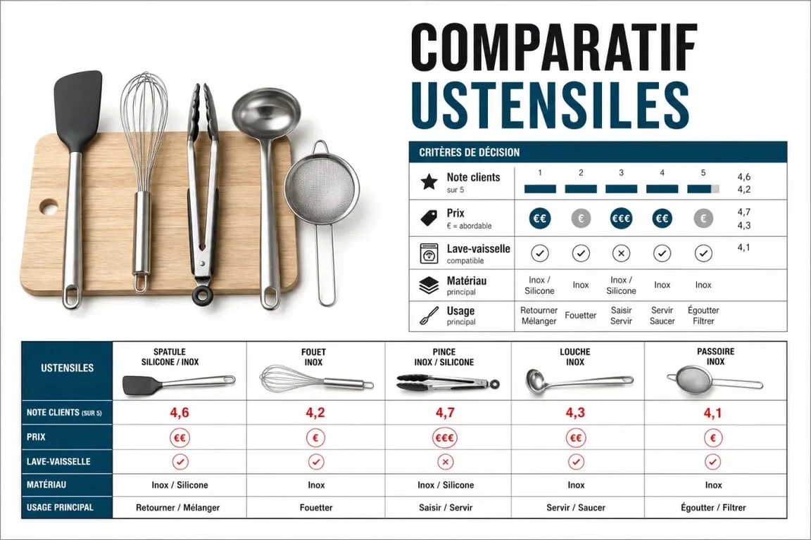 Amazon ustensiles de cuisine : comparatif éditorial des critères prix, avis, matériau et entretien