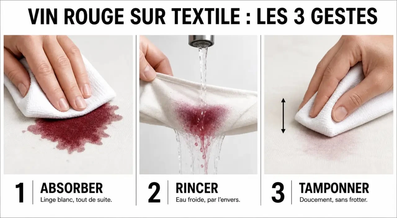 Détacher du vin rouge : étapes pour absorber, rincer à froid et tamponner sans frotter sur un tissu taché