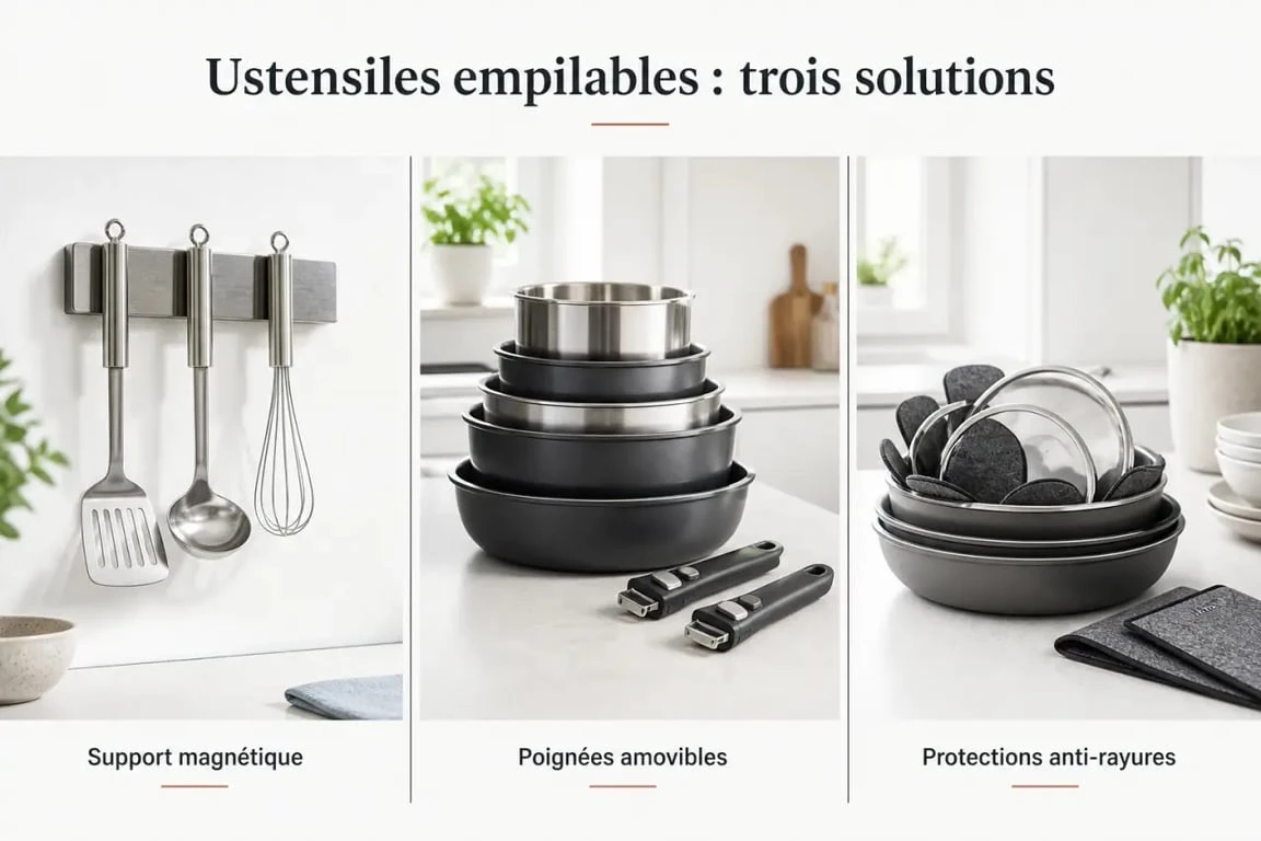 Ustensiles de cuisine empilables dans une petite cuisine, illustration éditoriale compacte
