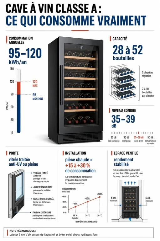 Cave à vin classe A : consommation annuelle, capacité, niveau sonore et type de porte