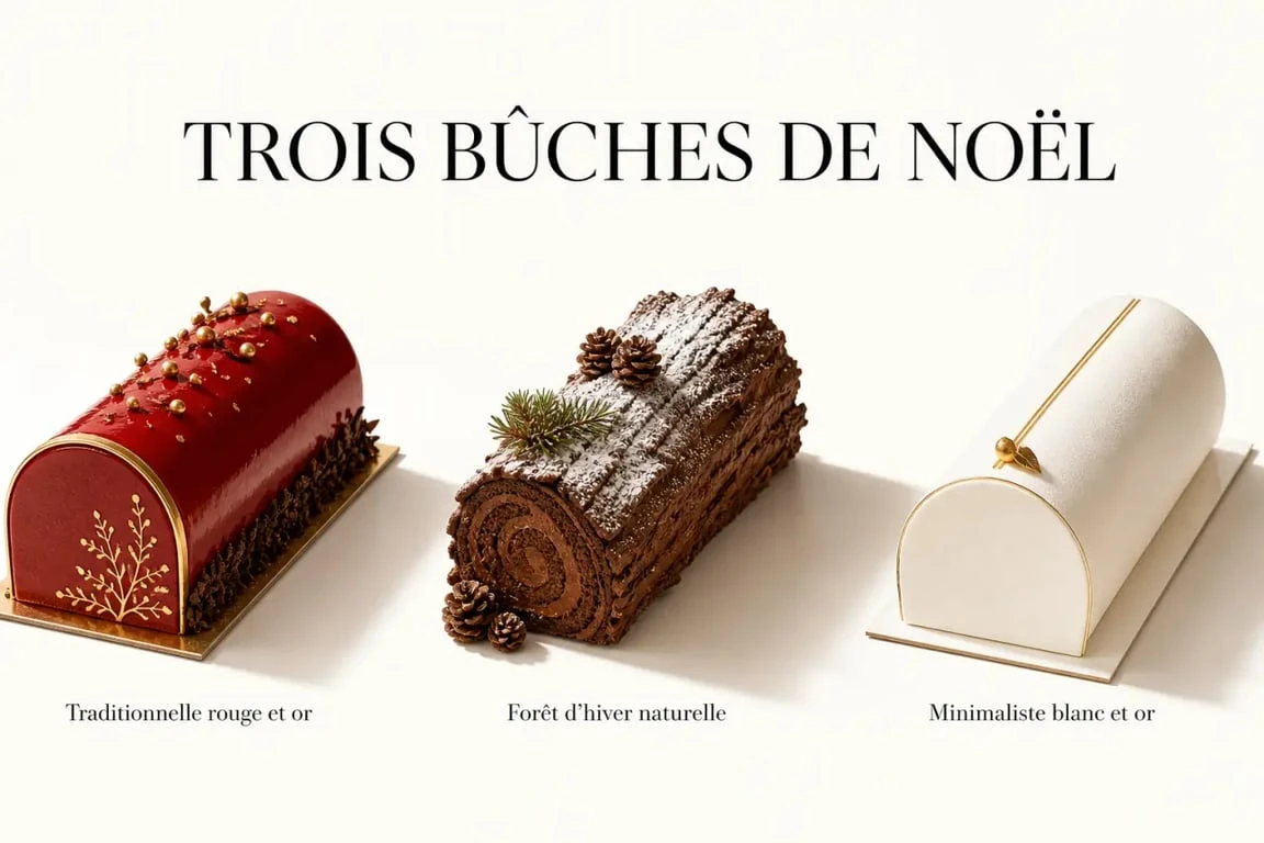 Idées déco buche de noel : trois bûches de Noël décorées en styles traditionnel, naturel et minimaliste