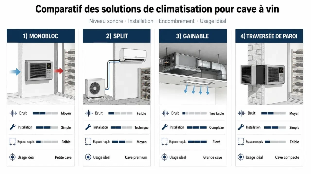 Climatiseur cave à vin : comparaison visuelle monobloc, split, gainable et traversée de paroi